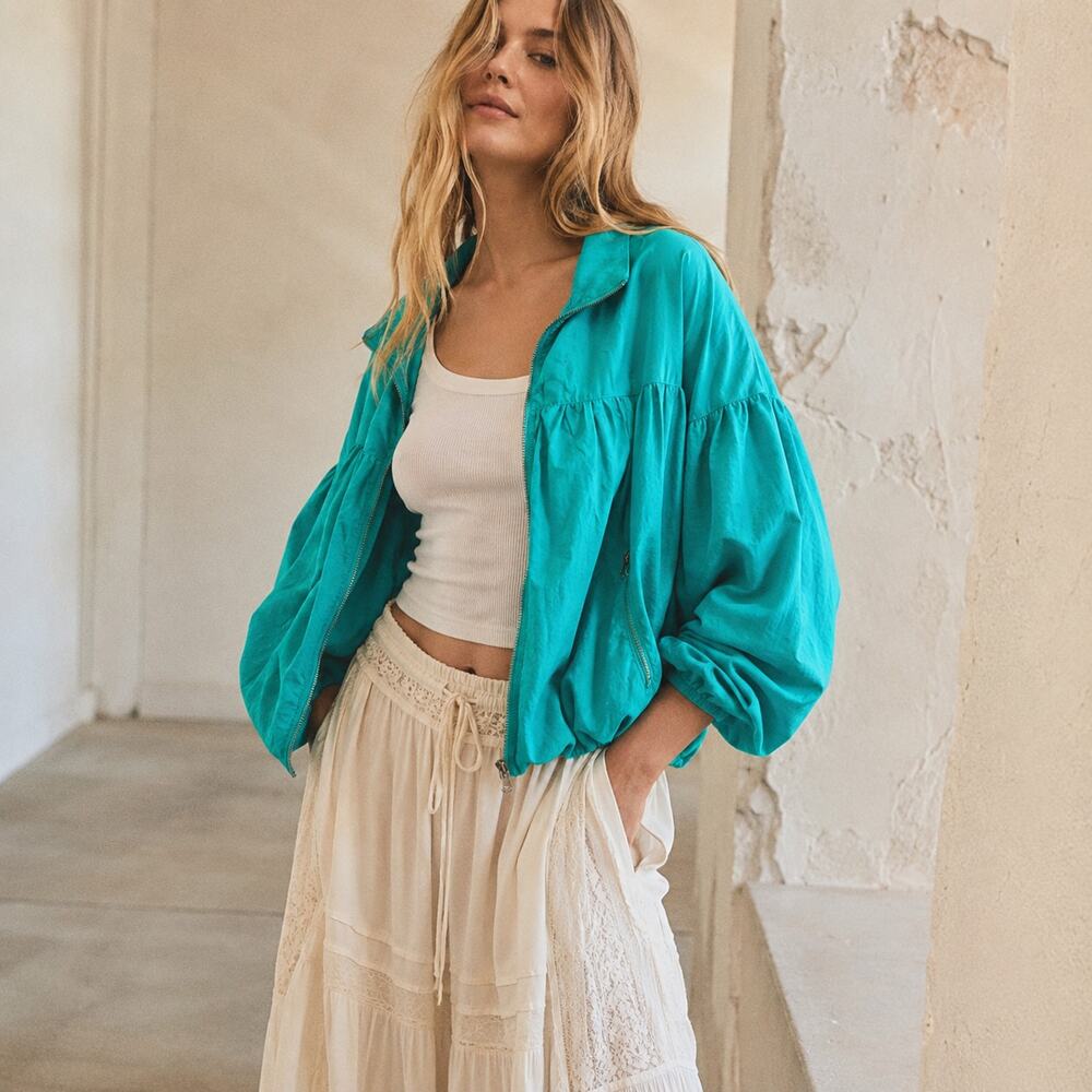 Free People Teal Now or Never Bomber Bubble Windbreaker Jacket, size XS - Picture 1 of 8